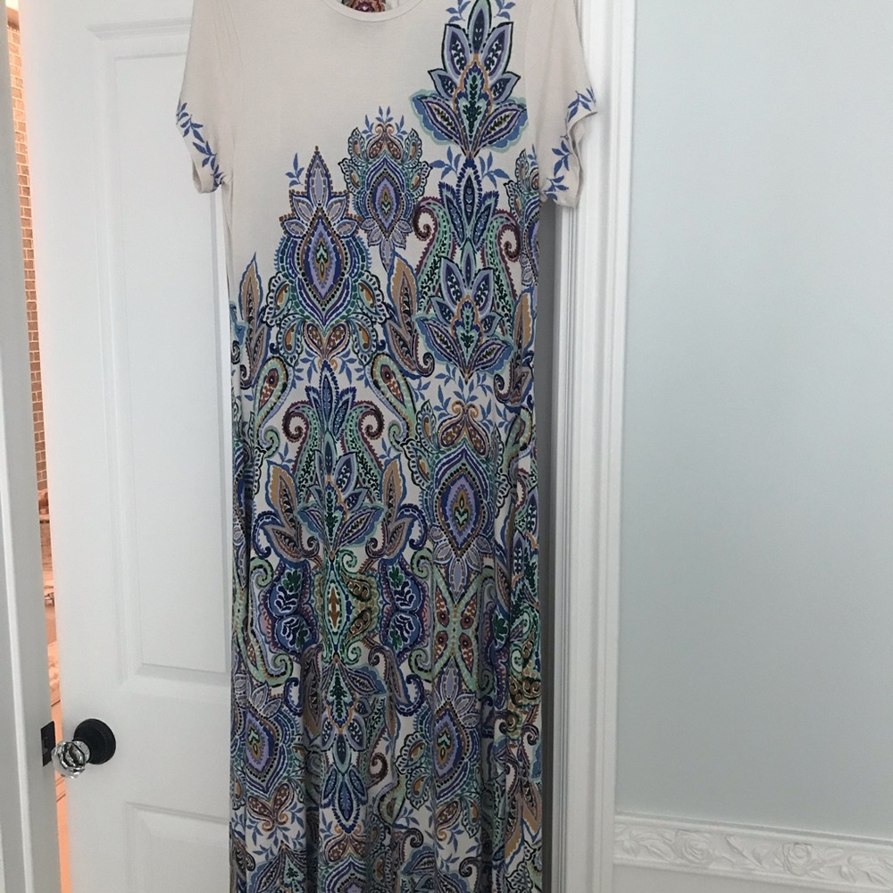 Johnny Was Cream Maxi Dress with Blue and Teal Paisley